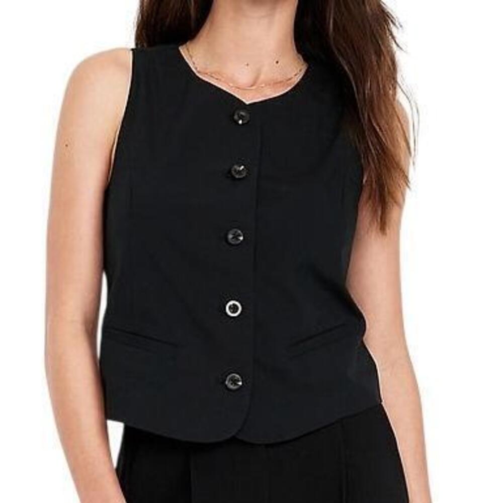 NWT Old Navy Vest Top L Black Cotton Blend High-Neck Button Down Lined